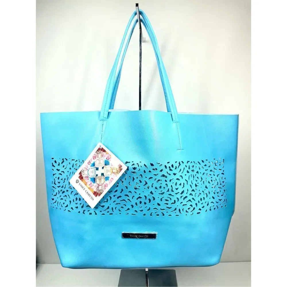 Vince Camuto Sky Blue Laser Cut Large Vinyl Tote Beach Bag Carryall NWT